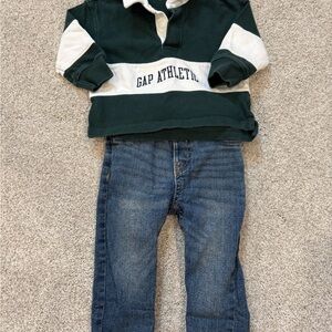 GAP Green & White Rugby Shirt & osh kosh b’gosh Blue Jeans 12-18m preppy trendy
